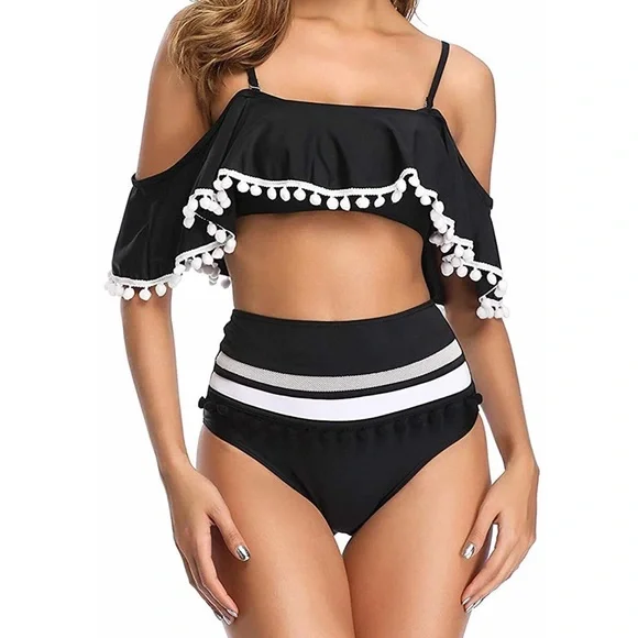 Two Piece Bikini Black Flounce High Rise Swimsuit - Picture 2 of 7